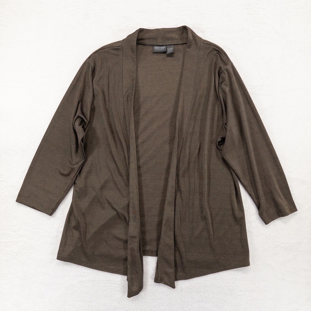 Chico's Additions Cardigan 2 US Large Olive Brown Open Front 3/4 Sleeve Slinky